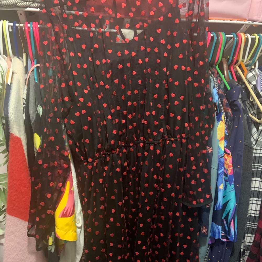ModCloth Black Sheer Long-Sleeve Dress with Red Heart Print - Picture 3 of 7